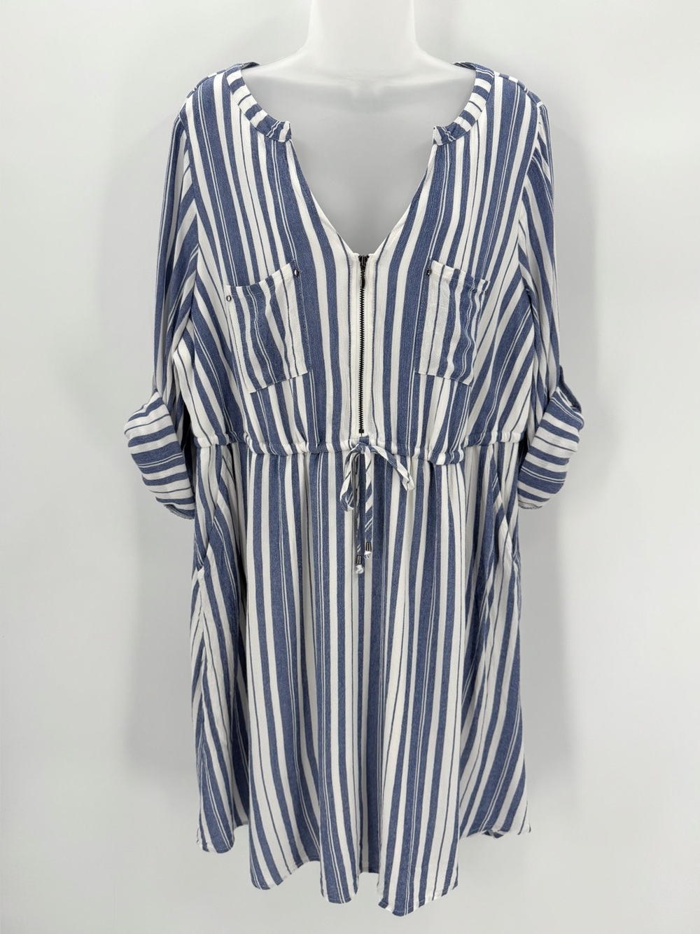 Torrid Dress Women’s 2 2X 18-20 Blue White Stripe Casual Zipper Pockets Roll Tab
